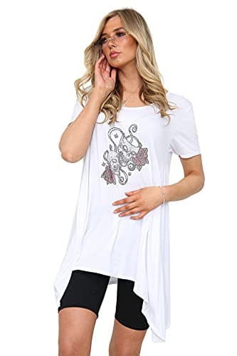 Image of Purple Hanger Womens Ladies New Front Diamante Heart Short Sleeve Scoop Neck Long T-Shirt Black Uneven Hem Top Plus Size (18, White Skull Mask, Numeric_18)