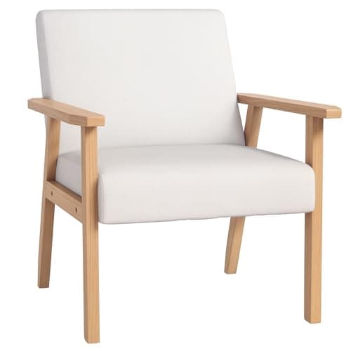 Image of HOMCOM Modern Armchair, Linen Upholstered Accent Chair with Solid Wood Legs and Wide Seat, Padding Lounge Chair for Living Room Bedroom Office, Cream White