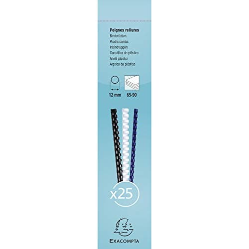 Image of Exacompta - Ref 76400E - Binding Combs - 12mm Thick, 21 Rings, Suitable for A4 Documents, Holds Approx. 65-90 Sheets, Made from PVC Material - White (Pack of 25)