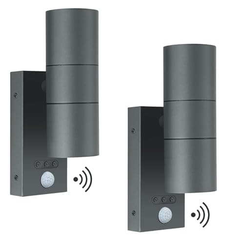 Image of Kerry Outside Wall Lights with Sensor, IP65 Waterproof Up Down Outdoor Lighting, External Pir Wall Mount Security Light, Anthracite Grey Stainless Steel Exterior Mains Powered - 2 Pack (Bulb Excl.)