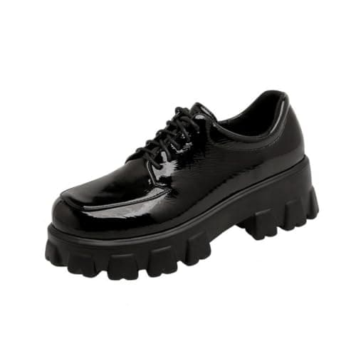 Image of SMAALEB Women's Patent Leather Soft Loafers Chunky High Heel Uniform Dress Shoes Lace Up Platform Office Shoes,Black,7 UK