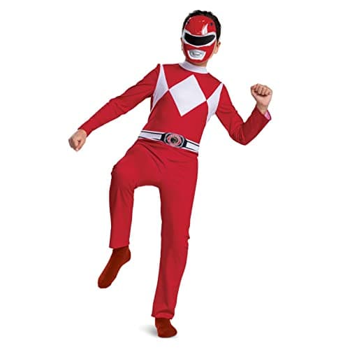 Image of Disguise Official Red Power Rangers Costume Kids, Power Rangers Fancy Dress Up Outfit for Boys Children, Halloween Birthday World Book Day Week Costume Medium