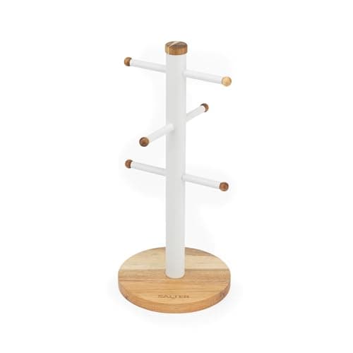 Image of Salter BW13566WEU7 Toronto Mug Tree – Acacia Wood Cup Holder for Kitchen Countertop Tabletop, 6 Branch Display Stand for Coffee Mugs/Tea Cups, Freestanding Sturdy Steel Storage Rack, White