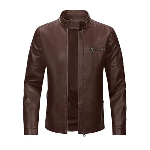 Image of Sliktaa Men's Casual Jacket Stand Collar Soft Warm Bomber Faux Leather Jacket Windbreaker, brown, M