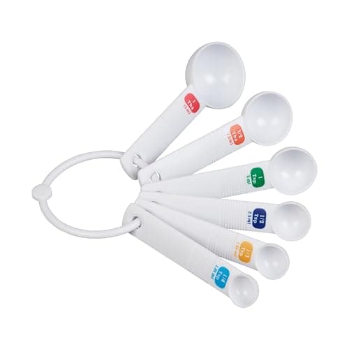 Image of Tala Plastic Measuring Spoons, Set of 6 Spoons with 1/4 TSP/1.25ml - 1/3tsp/1.65ml - 1/2 TSP/2.5ml - 1tsp/5ml - 1/2tbs/7.5ml - 1 tbs/15ml Measurements, White