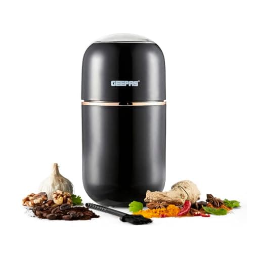 Image of Geepas Coffee Grinder 80 g Capacity | Stainless Steel Bowl & Double Blades | Electric Dried Spice Nuts Herbs Beans Coffee Grinder | Small Fixed Mill with Transparent Lid | 200W Black (Renewed)