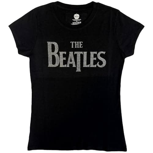 Image of The Beatles Women's Drop T Logo & Rhinestones Slim Fit Short Sleeve T-Shirt, Black, Size 14 (Manufacturer Size:X-Large)