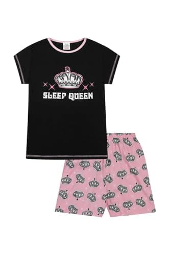 Image of ThePyjamaFactory Girls Sleep Queen Short Cotton Pyjama Set Kids PJs (12-13 Years) Black