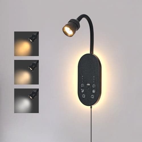 Image of MOLUOLA LIGHTING Wall Reading Light, LED Book Lights for Reading at Night, Wall Lamp with 3 Color Temperature & Timers, Adjustable Gooseneck Headboard Plug in Wall Sconce with USB C+A Ports