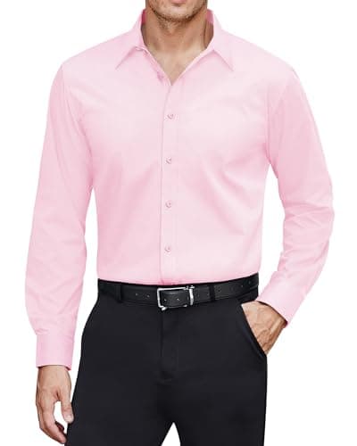 Image of J.VER Casual Shirts for Men UK Stain Shield Long Sleeve Regular Fit Stretch Wrinkle Free Business Casual Working Meeting Dating Shirt Light Pink L