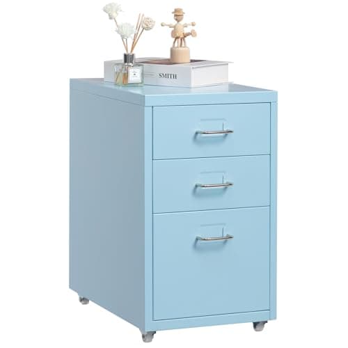 Image of HollyHOME 3-Drawer Mobile File Cabinet, Under Desk Rolling Filing Organizer, Metal Storage Cabinet with Casters for Home and Office,Light Blue