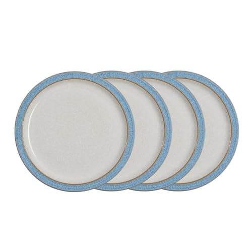 Image of Denby - Elements Medium Blue Plates Set of 4 - Dishwasher Microwave Safe Crockery 22cm - Blue, White Ceramic Stoneware Tableware - Chip & Crack Resistant Lunch Plates