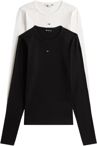 Image of Tommy Jeans Womens Tjw 2pack Slim Essential Rib Dw0dw17716 L/S T-Shirt, Multi (Black/Ecru), XS UK