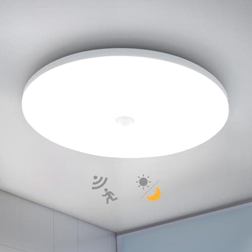 Image of Combuh 18W PIR Twilight Motion Sensor Ceiling Light Fitting Indoor, 29.5CM Flush Modern LED Porch Lamp 240V, Round IP56 Waterproof, Hallway Stairway Garage, Cool White 6500K