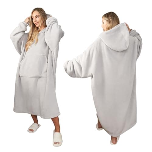 Image of Sienna Extra Long Oversized Blanket Hoodie Wearable Throw with Pockets Sleeves Soft Sherpa Fleece Wearable Throw Giant Sweatshirt, Silver Grey