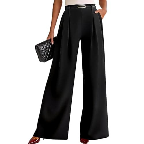 Image of Okdance Womens Trousers High Waisted Wide Leg Trousers Elegant Work Office Pants with Pockets Casual Long Trousers (UK, Alpha, XL, Regular, Regular, Black)