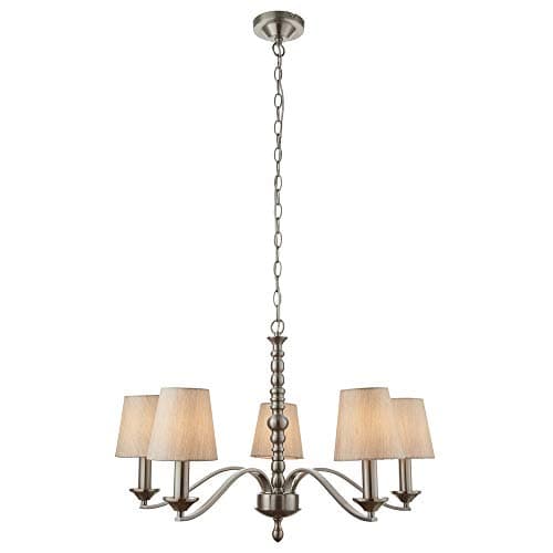 Image of Ellington Decorative 5 Way Satin Nickel E14 LED Compatible Pendant Ceiling Light with Fabric Silver Shades 710mm