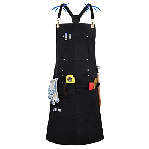 Image of QeeLink Work Apron with 10 Tool Pockets, Woodworking Fireproof Canvas Apron for Carpenter, Adjustable M to XXXL Cross back Tools Apron, Black