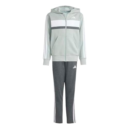 Image of adidas Unisex Kids SEASONAL ESSENTIALS TIBERIO 3 STRIPES FLEECE TRACKSUIT, Wonder Sage/white/dark grey heather, 9-10 Years