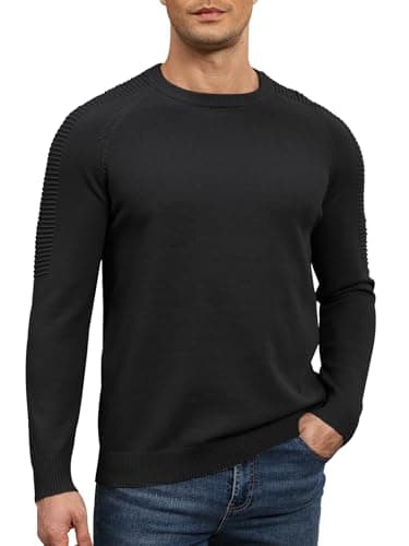 Image of Aunribor Men's Crew Neck Raglan Long Sleeve Jumper Solid Colour Thermal Knit Pullover Shoulder Ribbing Detail 100% Cotton Classic Knitwear Autumn Winter Black