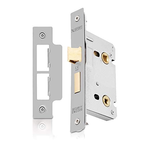 Image of XFORT® Satin Chrome Bathroom Lock 65mm for Internal Wooden Doors, Mortice Door Lock for Bathroom, Door Latch Mechanism and Thumbturn Locking Door Security, CE Approved and Fire Rated Protection
