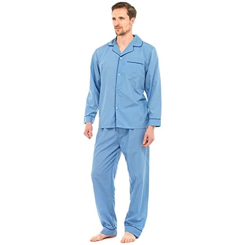 Image of MyShoeStore Men's Traditional 2 Piece Pyjama Set Long Sleeve Button Up Cotton Blend Sleepwear Blue M