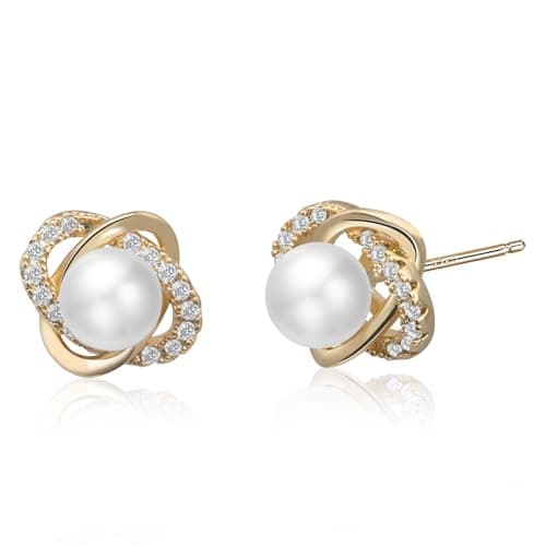 Image of Weviway 14K Gold Plated Pearl Stud Earrings for Women, 925 Sterling Silver Stud Earrings with Cubic Zirconia, Handmade Pearl Jewellery for Gift