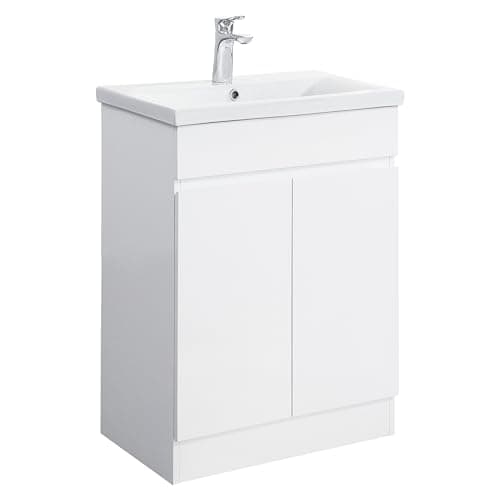 Image of iBathUK Vanity Unit with Basin, Square Cabinet Ceramic Wash Basin for Bathroom Furniture with 2 Shelves and Doors- Gloss White (Flat Pack)