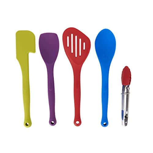 Image of Colourworks 5-Piece Silicone Cooking Utensils Set, Spoon, Spatula, Spoon Spatula, Tongs & Slotted Fish Slice, Kitchen Cooking & Baking Tools, Bright Multi-Coloured & BPA Free, Non Scratch Accessories