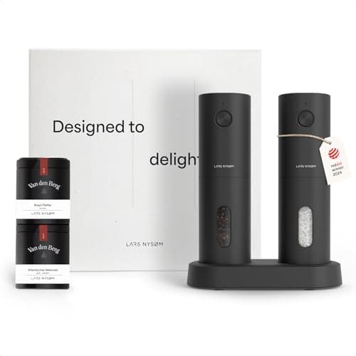 Image of LARS NYSØM Electric Spice Mills & Spices Gift Set - Salt and Pepper Mills Set with 2 pre-Packed Spice Jars (Salt, Pepper) - Sleek Gift Box (Carbon Black)