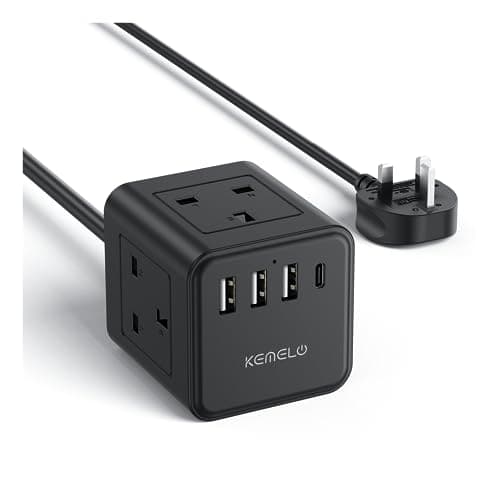 Image of Cube Extension Lead with 4 USB Slots, Kemelo 4 Way (13A/3250W) Multi Plug Extension Cable with Child Safety UK Desktop Power Extension Socket,1.5M Extension Cords for Home Dorm Office Travel, Black
