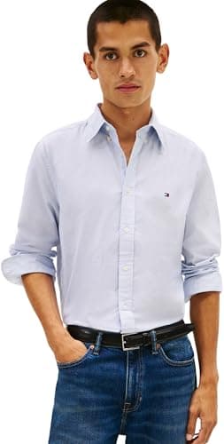 Image of Tommy Hilfiger Men Flex POPLIN Fake Solid RF Shirt MW0MW41711 L/S Shirt, Blue, L