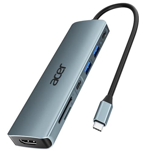Image of acer USB C Hub, 7IN1 USB-C to 4K HDMI, 2×USB 3.0, 1×USBC 5Gbps, 100W PD, SD/TF Card Reader, Aluminum Docking Station Multiport Adapter for iPhone 15/16 Series,MacBook/iPad Pro/Air, S24, Surface, etc