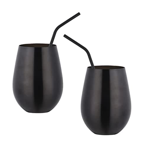 Image of TEAHAHA 17 oz Stainless Steel Stemless Wine Glass Set of 2 with Straw，Outdoor Portable Wine Tumbler for The Pool, Camping,Cookouts， Unbreakable, Shatterproof Metal Drinking Tumblers (Black)