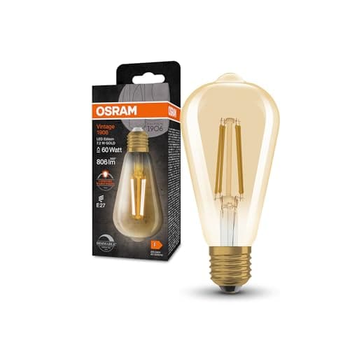 Image of OSRAM Vintage 1906® Classic Edison FIL 60 LED lamp, E27, dimmable, Edison Shape, Gold, 7.2W, 806lm, 2400K, Reduced Warm White Light, Low Consumption, Long Life