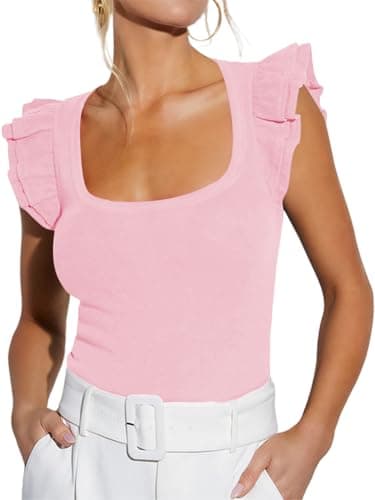 Image of INFITTY T Shirts for Women UK Casual Crop Tops Slim Fit Top Square Neck Ruffle Sleeve T-Shirt Basic Blouse Tee Tops Pink XL