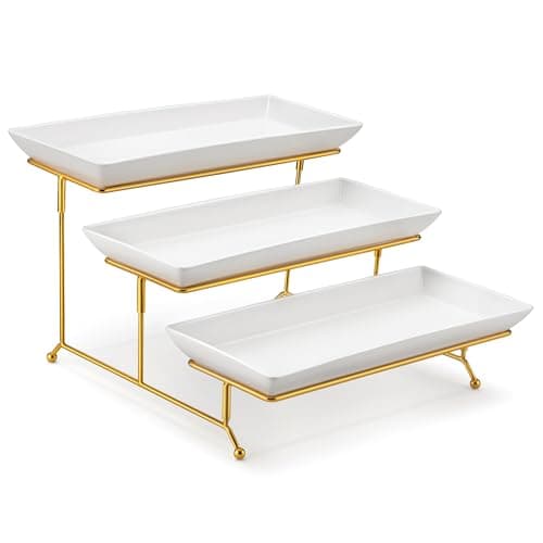 Image of MALACASA 3 Tier Serving Trays for Party, 14 Inch Porcelain White Trays for Serving Food, Dessert Stand with Collapsible Gold Metal Rack