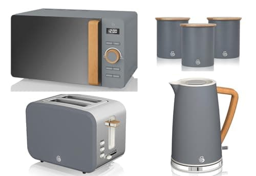 Image of Swan Nordic Grey 6 Piece Kitchen Set – 1.7L Jug Kettle, 2 Slice Toaster, 20L 800W Microwave & 3 Canisters | Scandinavian Inspired Design with Wood Effect Accents