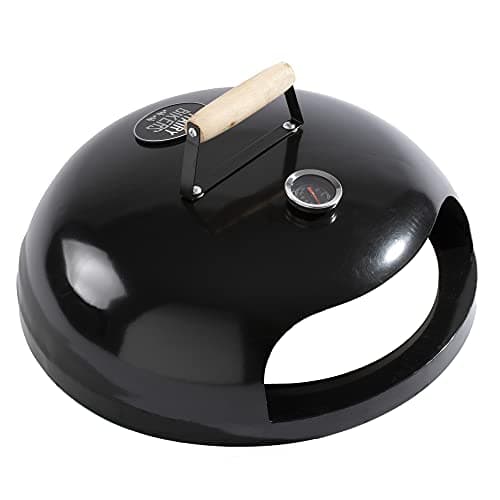 Image of Hairy Bikers Round Outdoor Pizza Grill Attachment for Coal BBQ, 47x21cm Flat Plate, Steel with Black Finish Body, Wooden Handle and Temperature Gauge
