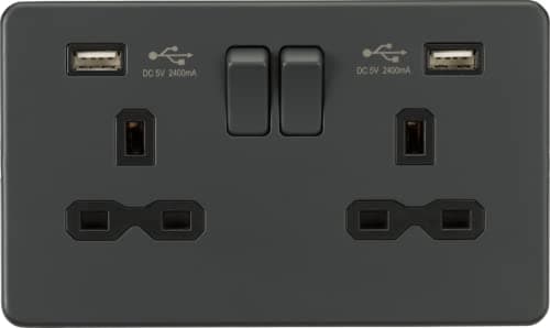 Image of Screwless 13A 2G Switched Socket with Dual USB Charger; 2.4A, Anthracite
