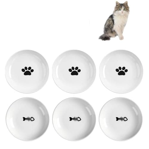 Image of 6PCS 5.9 Inch Ceramic Cat Bowls, Wide Shallow Dishes, Whisker-Friendly Plates, Food and Water Bowl for Indoor Cats, Dishwasher Safe (3 Paw+3 Fish)