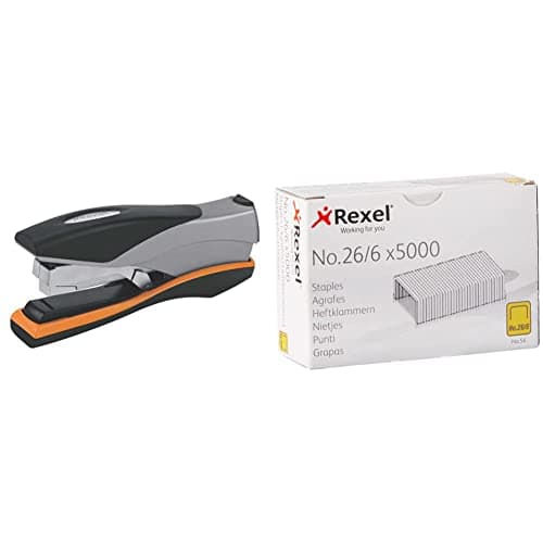 Image of Rexel Optima 40 Low Force Stapler, Silver/Black, 2102357 & No.56 26/6 Staples for Standard Staplers, for Stapling Upto 20 Sheets, Use with Desktop Staplers and Pliers, 5000 Count (Pack of 1)
