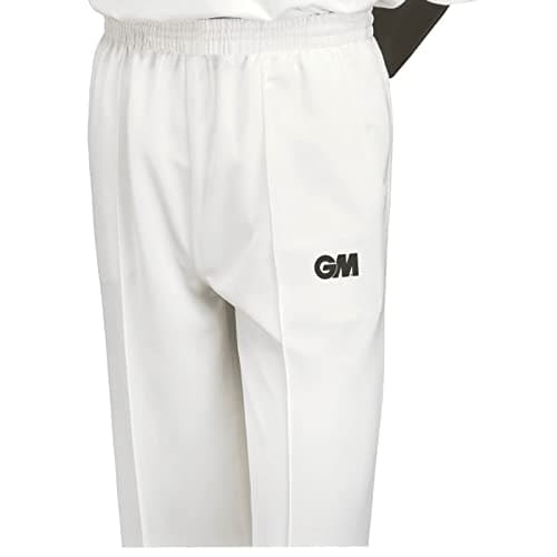 Image of Gunn & Moore GM, Cricket Trousers, Athletic Fit Elasticated Waist 2 Pockets, Quick Drying & Enhanced Moisture Management, Off White with GM Logo, XL - Waist 37-38" Finished Hem Approx 34"