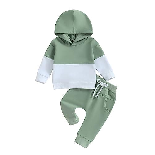 Image of Vioyavo Infant Baby Boys 2pcs Tracksuit Long Sleeve Contrast Colors Hoodie Hooded Sweatshirt Tops Elastic Waits Long Pants Outfit (G-Green, 12-18 Months)