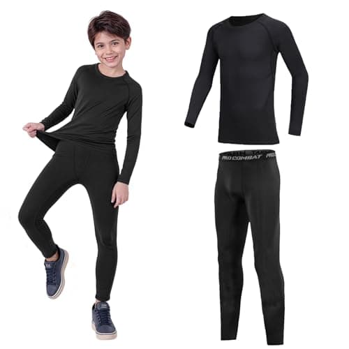 Image of Boys Kids Base Layer,Pro Fleece-Lined Kid Thermal Long Sleeve Top Leggings Set,Athletic Thermal Underwear Football Compression Set for Sport Ski (Black Line 2-Piece Set, 12-13 Years; Size 30)