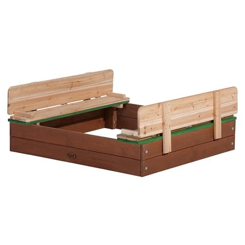 Image of AXI Ella Sandbox made of FSC wood with benches & lid | Sandbox for children in brown & green | 39 x 37 x 8 inch