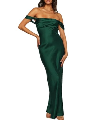 Image of Realtix Elegant Satin Off The Shoulder Ruched Backless Maxi Long Dress for Women Strapless Tube Sleeveless Fitted Women's Dresses Bridesmaid, Deep Green, M