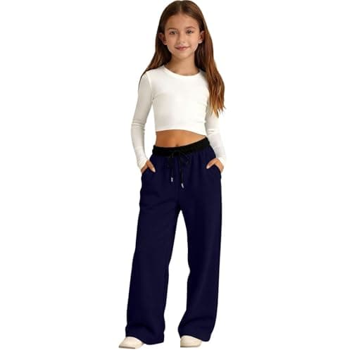 Image of Girls Cotton Joggers Baggy Wide Leg School Sweatpants with Pockets Teen Kids Elastic Waist Drawstring Uniform Soft Athletic Long Trousers Straight Running Sport Pants (Navy, 12-13 Years)