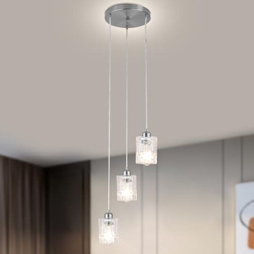 Image of Finktonglan Glass Ceiling Pendant Light Fixture,Modern Crystal Chandeliers Hanging Light Fixture for Dinning Room,Adjustable Chandelier for,Kitchen Island, Living Room,Foyer Chrome 3 Lights