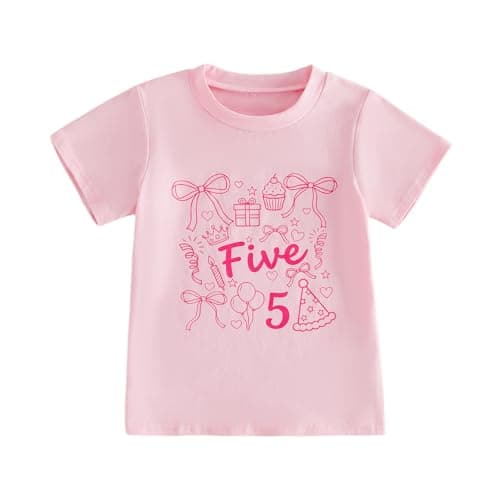 Image of Himllauen Toddler Baby Girls Summer Birthday Shirts Number Letter Print Short Sleeve Crew Neck Cute T-Shirt Little Girls Birthday Summer Clothes Tops 1-6 Years (Pink Bow 5, 5-6 Years)